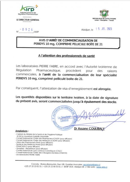 AVIS D'ARRËT DE COMMERCIALISATION DE PERIDYS 10 Mg, COMPRIME PELLICULE BOÏTE DE 21
